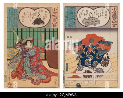 Auswahl von 2 japanischen Holzschnitten aus Ogura-Imitationen von hundert Gedichten von hundert Dichtern des Künstlers Utagawa Kunisada. Links: Chidori sitzt mit geschlossenem Fächer in der Hand neben einer großen Kiste. Szene aus einem Kabuki-Stück. Gedicht von Sadayori. Rechts: Der maskierte Geist eines Löwen, mit roter Perücke, tanzt entlang einer Brücke. Szene aus einem Kabuki-Stück. Gedicht des ehemaligen Imperators Juntoku. Einzigartige optimierte und verbesserte Anordnung von zwei japanischen Holzschnitt-Illustrationen aus der Mitte des 19. Jahrhunderts. Stockfoto