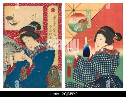 Auswahl von 2 japanischen bemalten Holzschnitten. Links: Japanische Frauen mit Kimono-Lesen. Rechts: Frau mit Sake-Becher in der linken Hand und Sake-Flasche in der rechten Hand, auf grünem, rotem und gelbem Hintergrund. Runde Kartusche oben links mit Gesicht auf blauem Korb neben rotem Hochplateau mit Lebensmitteln. Einzigartige optimierte und verbesserte Anordnung von zwei japanischen Holzschnitt-Illustrationen aus dem 19. Jahrhundert. Stockfoto