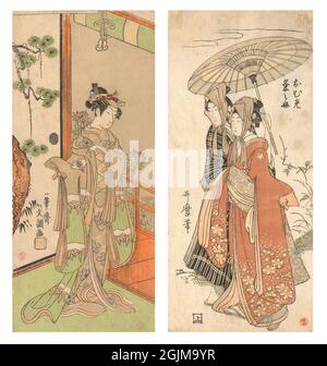 Einzigartige optimierte und verbesserte Anordnung von zwei historischen japanischen Holzschnitt-Illustrationen. Von links nach rechts: 1.Darsteller Onoe Tamizo spielt eine weibliche Rolle in Kimono mit schneebedecktem Bambusmuster, steht vor der Schiebetür mit Kiefernbemalung, blickt auf die Veranda, blühende Chrysanthemen dahinter (1768 - 1772). 2.die ausreissenden Liebhaber Oume und Kumenosuke, beide mit Kopftüchern, unter einem Sonnenschirm. (1800-1805) Stockfoto