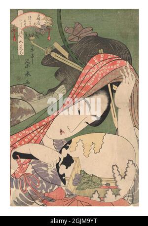Kurtisane Tsukasa aus dem Ogiya-Haus Schönheiten und die fünf Festivals Portrait eines Kurtisanen mit Fächer in der rechten Hand, der sich unter einem hochgezogenem Moskitonetz beugte. Auf dem Fan ein Bild eines Mannes auf einer Veranda, der sich auf das Tanabata-Fest im Sommer bezieht. Digital optimierte japanische Holzschnitt-Illustration aus dem späten 18. Jahrhundert. Stockfoto