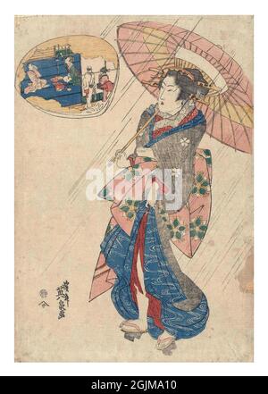 Digital optimierte japanische Holzschnitt-Illustration des 19. Jahrhunderts. Kurtisane unter einem Regenschirm, mit Blick auf eine Muschelkartusche, die das Innere eines Teehauses darstellt. Stockfoto