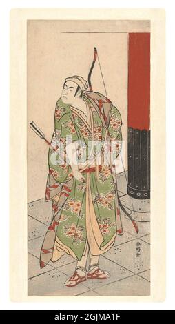 Der japanische Schauspieler Ichikawa Monnosuke II mit Pfeil und Bogen (1780-85). Digital optimierte japanische Holzschnitt-Illustration aus dem 18. Jahrhundert. Stockfoto