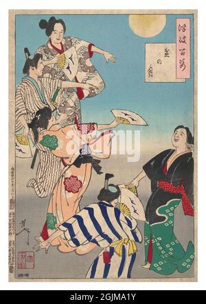 Digital optimierte japanische Holzschnitt-Illustration des 19. Jahrhunderts. Der Mond des Bon-Festivals (Bon no tsuki) "einhundert Aspekte des Mondes" (Tsuki hyakushi) tanzende Männer und Frauen bei Vollmond, während des Bon-Festivals im Sommer. Stockfoto