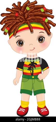 Niedlicher kleiner Reggae Boy mit Dreadlocks im Rastafarian-Outfit. Vector Cute Reggae Boy Stock Vektor