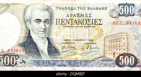 In einem großen Teil der obversen Seite von 500 in Griechenland ausgegebenen fünfhundert griechischen Drachmes-Banknoten im Wert von 1983 Euro sind Ioannis Kapodistrias und sein BI zu sehen Stockfoto