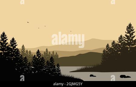 Fantastische Aussicht auf die Berge am Morgen vom Flussufer mit der Silhouette der Bäume um es herum. Vektordarstellung einer Stadt Stock Vektor