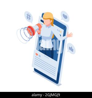 Flache 3d Isometrische Frau verwenden Megaphon fördern ihre Social Media auf dem Smartphone. Online Social Media Marketing Konzept. Stock Vektor