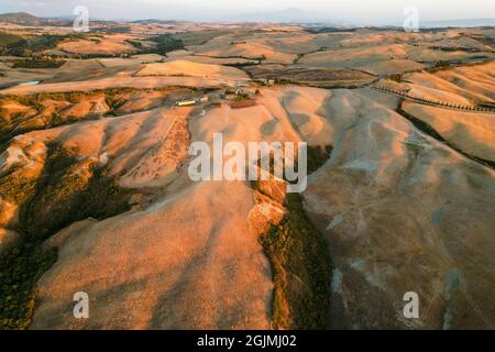 Schöne idyllische Spätsommerlandschaft der Toscana mit Pflanzen, Hügeln, Bäumen und Feldern. Sonniger Abend oder Morgen in Italien. Urlaub, Erholungsstimmung. Stockfoto