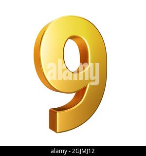 Nummer 9, Alphabet. Goldene 3d-Zahl isoliert auf weißem Hintergrund mit Beschneidungspfad. 3d-Illustration. Stockfoto