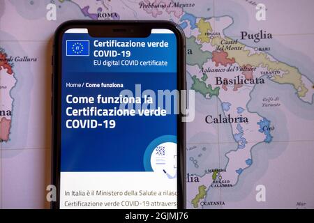 EU-Digitalzertifikat Covid-19. Green oder Covid Pass. Covid- oder Coronavirus-Impfpass, Pass-App mit QR-Code auf der Europakarte. Stockfoto