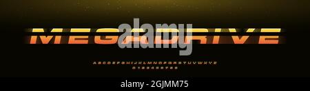 MEGADRIVE bold italic Schriftart mit dynamischer Schrägstellung und geometrischem Schnitt, Geschwindigkeitseffekt, Kampf oder schneller Lieferung. RetroWave Englisch Alphabet und Zahlen gesetzt Stock Vektor