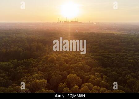 Drohnenblick über Wald und Bäume und ein Industriegebiet während des Sonnenuntergangs im ruhrgebiet in Deutschland Stockfoto