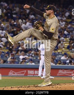Los Angeles, Usa. September 2021. Joe Musgrove, der Starterkrug von San Diego Padres, liefert am Freitag, den 10. September 2021, im dritten Inning gegen die Los Angeles Dodgers im Dodger Stadium in Los Angeles aus. Foto von Jim Ruymen/UPI Credit: UPI/Alamy Live News Stockfoto