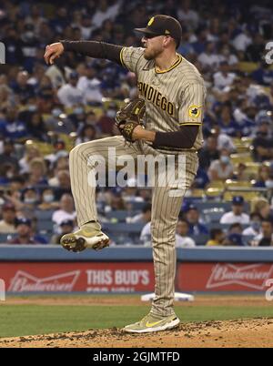 Los Angeles, Usa. September 2021. Joe Musgrove, der Starterkrug von San Diego Padres, liefert am Freitag, den 10. September 2021, im dritten Inning gegen die Los Angeles Dodgers im Dodger Stadium in Los Angeles aus. Foto von Jim Ruymen/UPI Credit: UPI/Alamy Live News Stockfoto