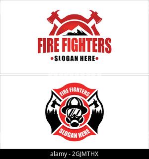 Feuerwehrmänner Emblem Wald Axt und Maske Sicherheit Logo Design Stock Vektor