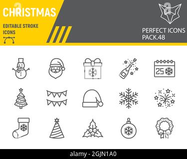 Weihnachts-Linie-Symbol-Set, Urlaubssammlung, Vektorgrafiken, Logo-Illustrationen, fröhliche weihnachts-Vektor-Symbole, Neujahr-Zeichen, Umriss-Piktogramme, editierbarer Strich Stock Vektor