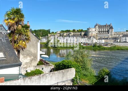 Fluss Loire und prachtvolles Schloss in Amboise, einer Gemeinde, die für ihr herrliches Schloss bekannt ist, im Département Indre-et-Loire in Zentralfrankreich Stockfoto
