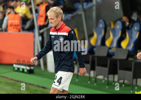 Brondby, Dänemark. September 2021. Andreas Oggesen (24) von Silkeborg IF steigt im Stadion Brondby ins Feld für das 3F Superliga-Spiel zwischen Broendby IF und Silkeborg IF ein. (Foto: Gonzales Photo/Alamy Live News Stockfoto