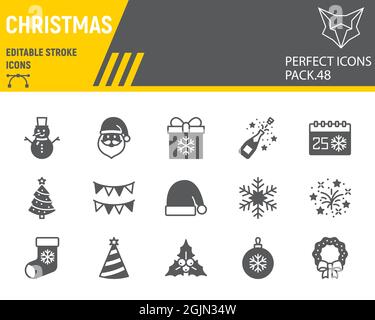 Weihnachts-Glyphen-Icon-Set, Urlaubssammlung, Vektorgrafiken, Logo-Illustrationen, fröhliche weihnachts-Vektor-Icons, Neujahr-Zeichen, solide Piktogramme, bearbeitbarer Strich Stock Vektor