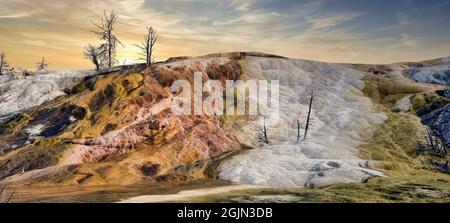 Wunderschöne Mammoth Hot Springs Travertin-Betonungen bei Sonnenuntergang - Yellowstone National Park Stockfoto