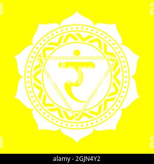 Das dritte Chakra von Manipur. Solar Plexus Chakra mit hinduistischem Sanskrit. Gelb ist ein flaches Symbol der Meditation, Yoga.Illustration Stockfoto