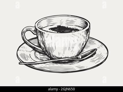 Café-Kaffeetasse in gravierter Form. Handgezeichnete Skizze Vintage Vektor Illustration Stock Vektor