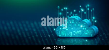 Cloud-Computing-Technologie Internet auf Binärcode mit abstraktem Hintergrund. Cloud Service, Cloud Storage-Konzept. 3D-Rendering. Stockfoto