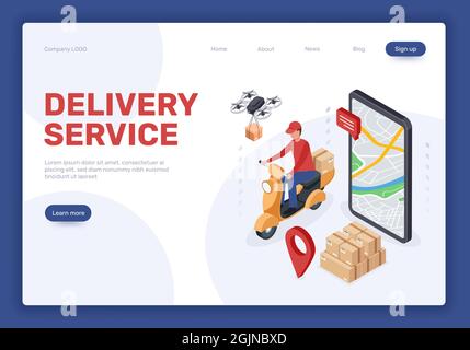Isometrischer Lieferservice, Zielseite, Online-Shopping. Drohne liefert Pakete, Kurier auf Roller. Web-Banner zum Konzept der Lebensmittelzustellung. Versand mobile Anwendung mit Karte Stock Vektor