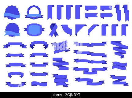 Blaue Flaggen Etiketten und Abzeichen, Tags Bänder Banner. Vintage dekorative Design-Elemente Flachband, Label, Ecke, Tag, Abzeichen Vektor-Set. Festliche Elemente zur großen Eröffnung, Glückwunsch Stock Vektor