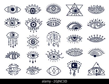 Mystische böse Augen kritzeln, spirituelles türkisches Augensymbol. Handgezeichnetes esoterisches magisches Auge, ornamentales Amulett, Glücksgeschenk Vektor-Set. Schützender Talisman mit magischer Kraft für Tattoo Stock Vektor