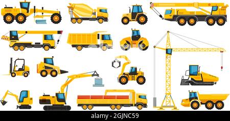 Schwere Baumaschinen, Baumaschinen und Fahrzeuge. Gabelstapler, Kran, Traktor, Bulldozer, Bagger Vektor-Set. Spezielle große leistungsstarke Maschinen für die Straßenreparatur. Engineering-Konzept Stock Vektor