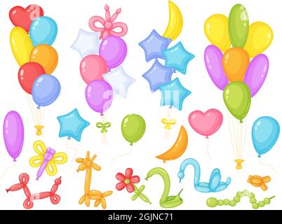 Cartoon Ballon, Feiertag, Jahrestag oder Geburtstag Party Dekoration. Bunte Luftballons in verschiedenen Formen, Kinder Geburtstage feiern Vektor-Set. Veranstaltungsdekor mit Mond, Herz und Sternen Stock Vektor