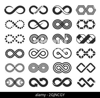 Unendlichkeits-Symbol, unendliches Symbol, ewiges Loop-Logo. Schwarze unbegrenzte Pfeilstriche, endlose Ringe, mobius-Formsymbole Vektorset. Kurvige futuristische Identitätslogotypen, moderne Embleme Stock Vektor
