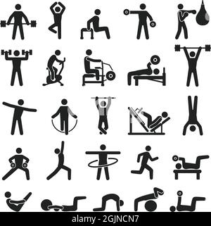 Symbol für das Sporttraining, Piktogramme für das Fitnesstraining. Menschen Hanteln heben, Yoga machen, Boxen. Vektorgrafik für sportliche Aktivitäten. Bodybuilding und Pilates üben Stock Vektor