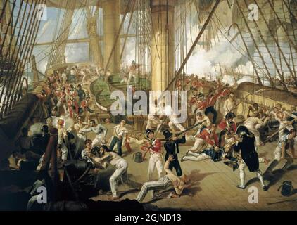 Lord Nelson wurde auf dem Deck der HMS Victory bei der Schlacht von Trafalgar, in der die französische Marine zerstört wurde, angeschossen. Stockfoto