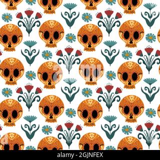 Tag der Toten nahtloses Muster. Dia de los Muertos Handzeichnung wiederholende Textur. Mexikanische Urlaub Halloween mit Zucker Schädel Hintergrundtapete Stock Vektor