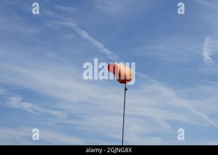 Orangefarbene Windsocke, die auf starken Wind in einem Flughafen hinweist. Stockfoto