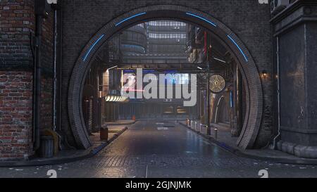 Dunkle, nasse, zwielichtige Stadtstraße in der Nacht, die durch einen großen Bogen in einer futuristischen Stadt gesehen wird. Cyberpunk Concept 3D-Illustration. Stockfoto