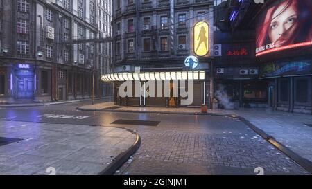 Dunkle, grungige, futuristische Straßenszene in einem zwielichtigen Stadtgebiet. Cyberpunk Thema 3D-Illustration. Stockfoto