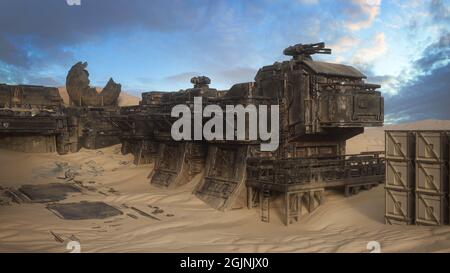 Verlassene Ruine eines Außenposten in der Wüste eines abgelegenen fremden Planeten. Fantasy Sci-Fi-Konzept 3D-Illustration. Stockfoto