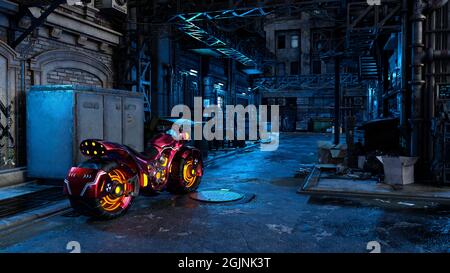 Futuristisches Motorrad in einer düsteren urbanen Straßenszene. Cyberpunk Concept 3D-Illustration. Stockfoto