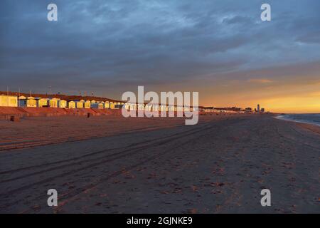 Goldene Strandhütten in Zandvoort in den Niederlanden, beleuchtet vom Sonnenuntergang Stockfoto