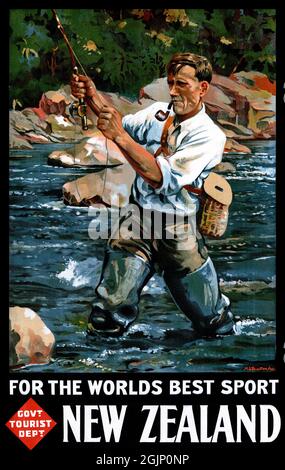 Neuseeland. Für den weltbesten Sport von M. A. (Maurice Alec) Poulton (1909-1983). Restauriertes Vintage-Poster, das 1936 in Neuseeland veröffentlicht wurde. Stockfoto