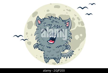 Vektordarstellung eines Werwolf im Kawaii-Stil. Illustration eines niedlichen Kindes im Werwolf Kostüm. Halloween Monster. Stock Vektor