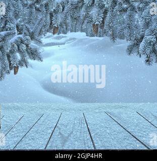 Märchen der Winterlandschaft - Schneefall im frostigen Wald. Schnee und Reif bedeckten Tannenzweige mit Zapfen über dem Holztisch. Fröhlicher Chris Stockfoto