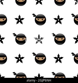 Cartoon Ninja Gesicht Symbol auf weißem Hintergrund isoliert. Warrior-Logo. Nahtloses Muster. Stockfoto