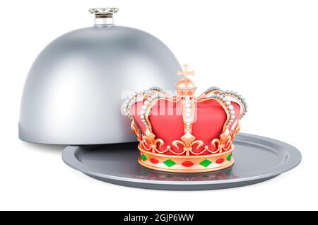 Restaurant Cloche mit goldener Krone, 3D-Rendering isoliert auf weißem Hintergrund Stockfoto