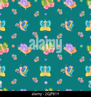 Nahtlose Illustration mit niedlichen Schmetterlingen und Blumen. Zeichentrickfigur. Vektor für Stoff, Tapete oder Geschenkpapier. Stock Vektor