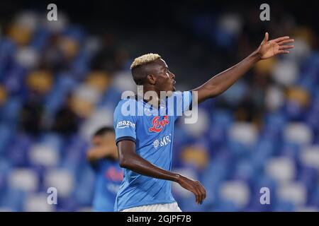 Napoli, Italien. September 2021. Victor Osimhen vom SSC Napoli reagiert während des Fußballspiels der Serie A 2021/2022 zwischen dem SSC Napoli und dem FC Juventus im Stadion Diego Armando Maradona in Napoli (Italien) am 11. September 2021. Foto Cesare Purini/Insidefoto Kredit: Insidefoto srl/Alamy Live News Stockfoto