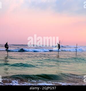 Silhouetten von der traditionellen Stelzenfischer bei Sonnenuntergang in der Nähe von Galle in Sri Lanka Stockfoto